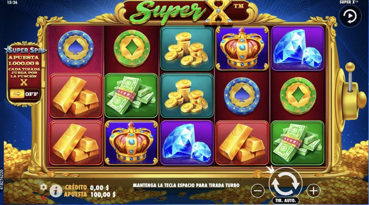 Pantalla de juego base del slot Super X